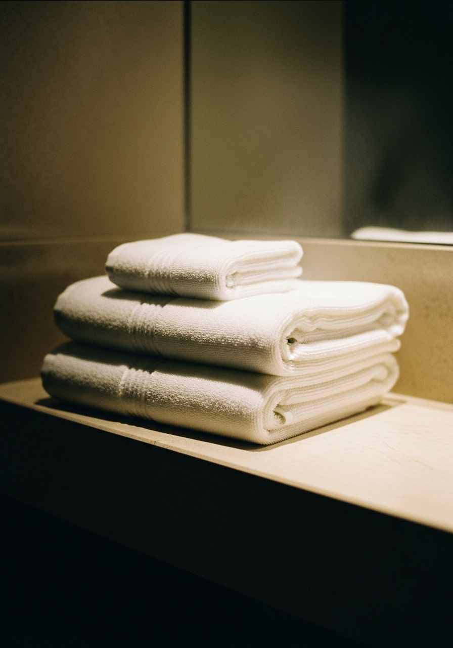 Fresh folded towels in the warm light of the wash room