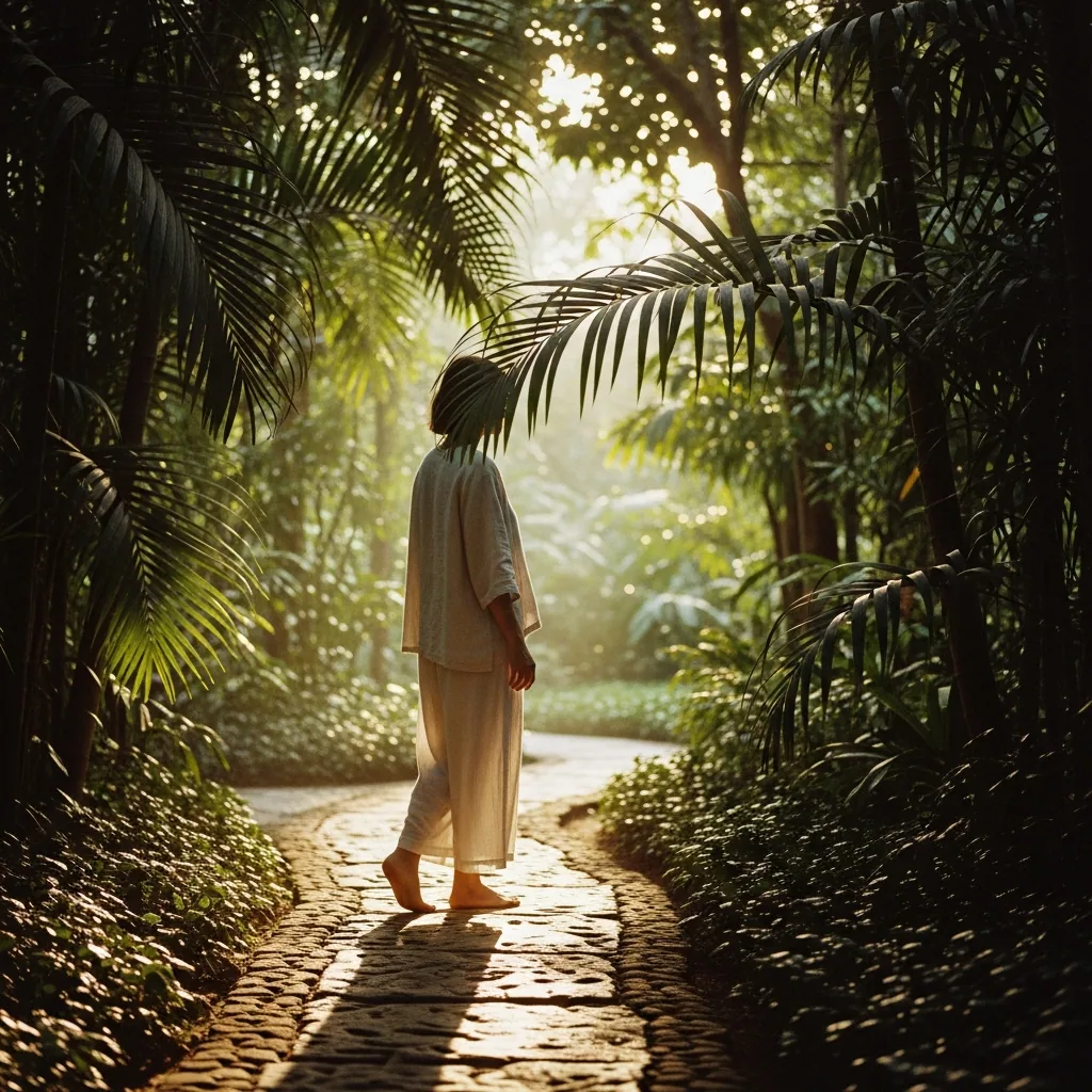 A figure in linen walking through a tropical garden at golden hour.