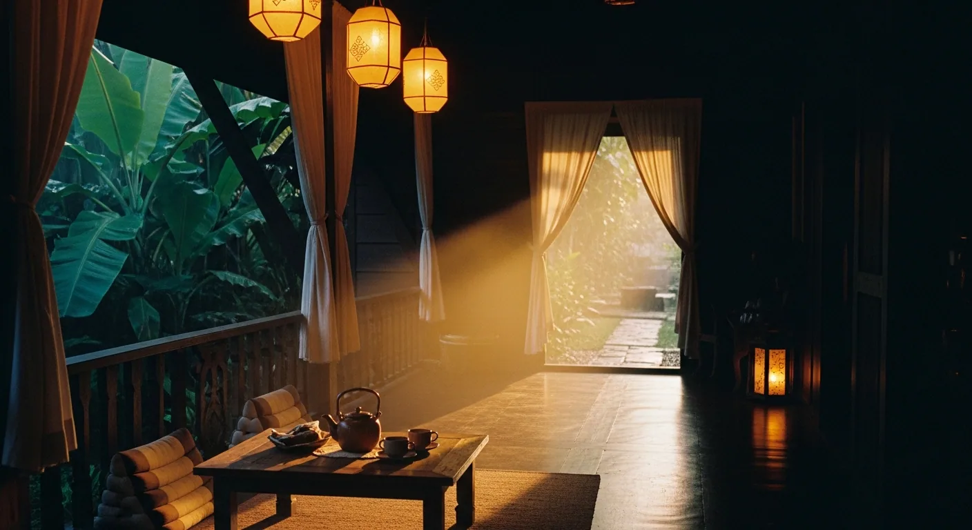 Lantern-lit teak villa interior at the Chiang Mai retreat.