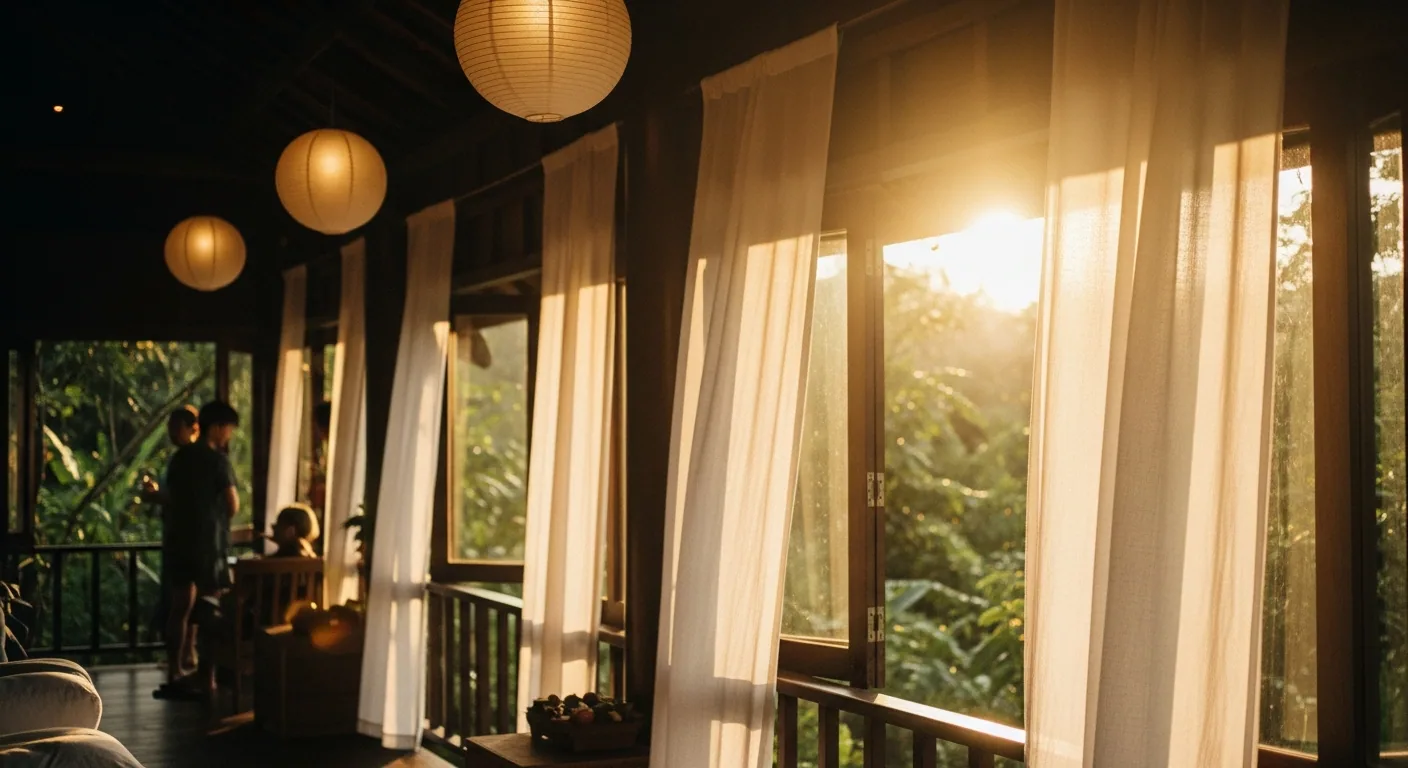 Warm linen curtains in a teak house at golden hour, paper lanterns glowing, northern Thailand.
