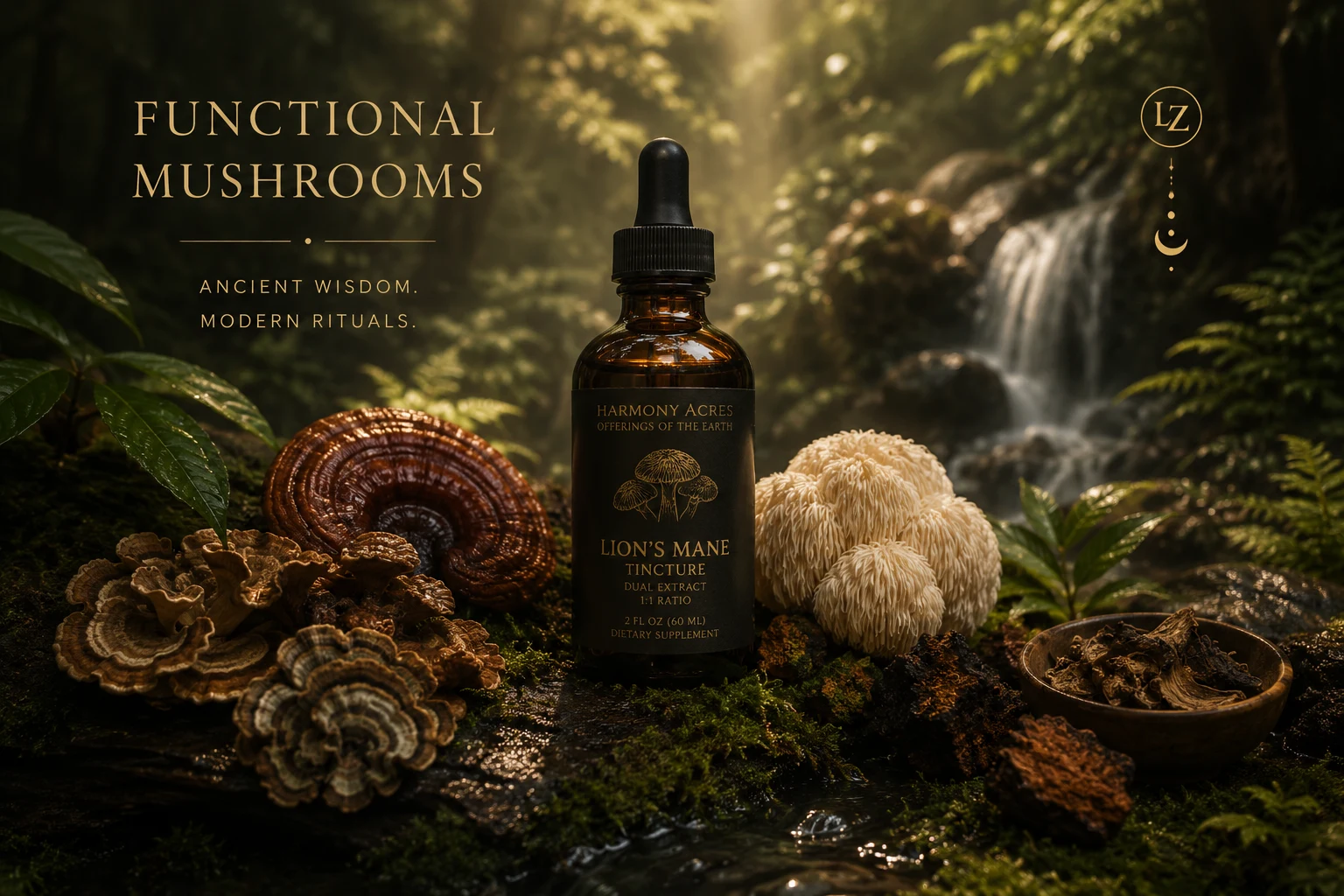 Lion's Mane tincture bottle among reishi and turkey tail
