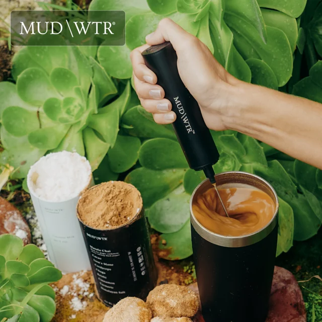MUD\WTR drink being whisked among botanicals and fresh green leaves