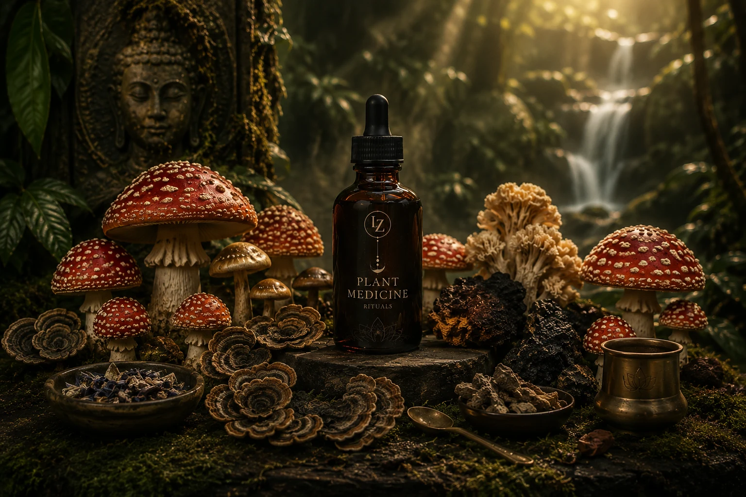 Plant Medicine Rituals tincture bottle beside a stone Buddha