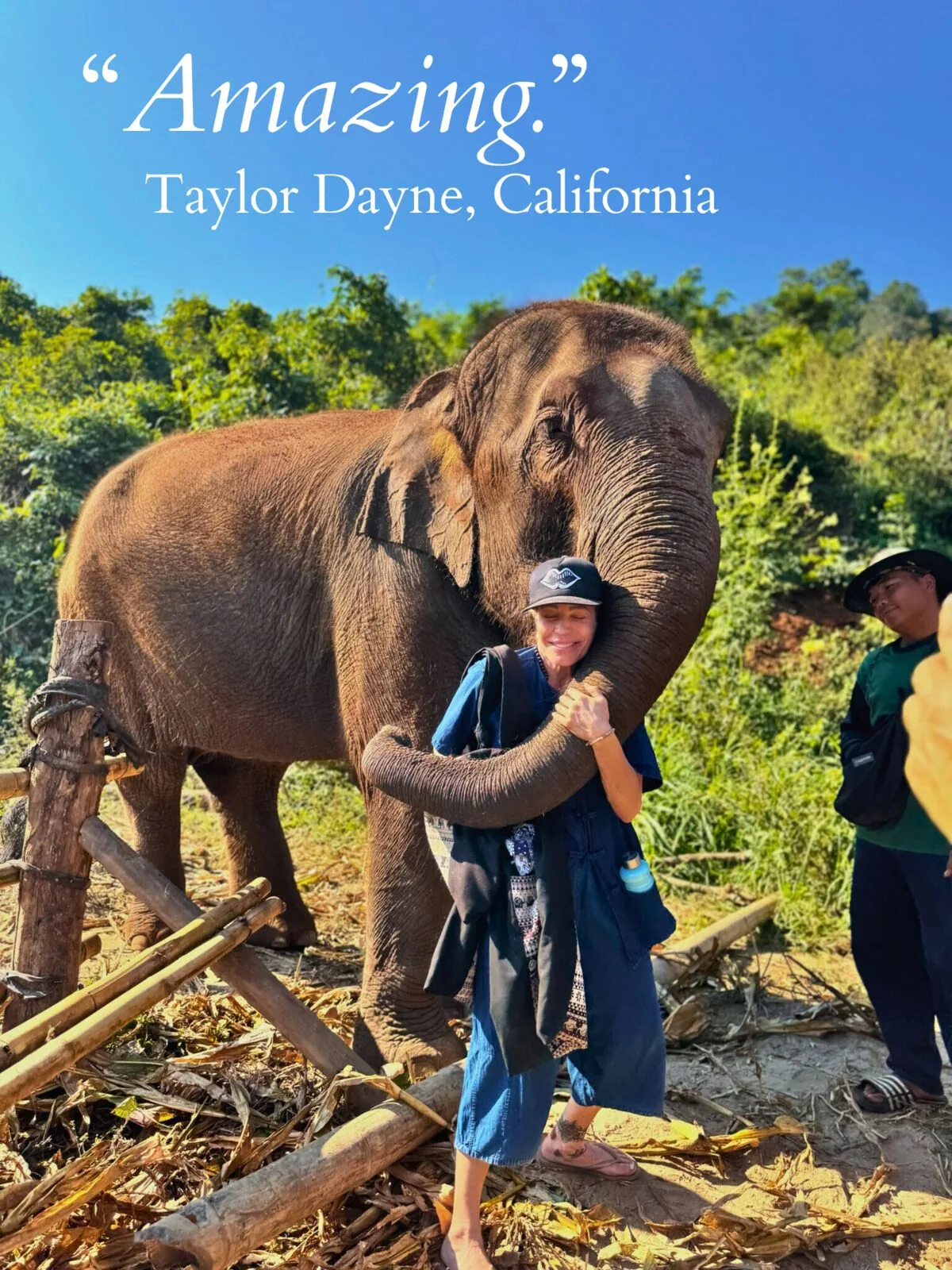 Retreat guest Taylor Dayne with an elephant in Chiang Mai.