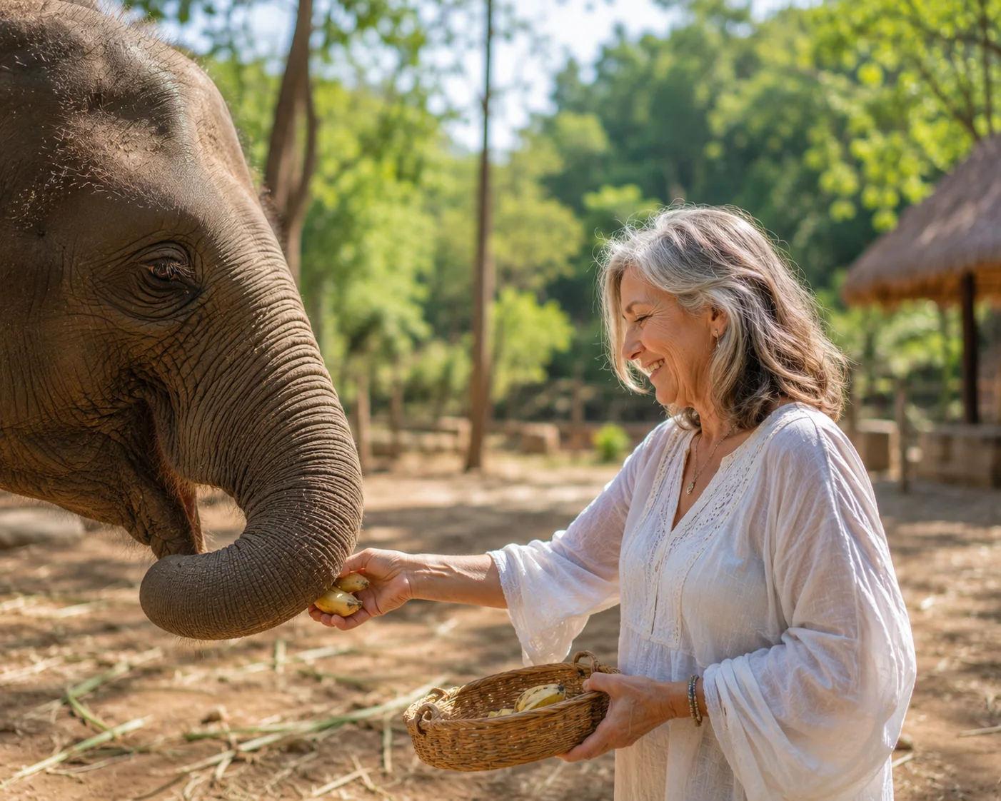 Silver-haired woman in white feeding a baby elephant, warm dappled Chiang Mai light.