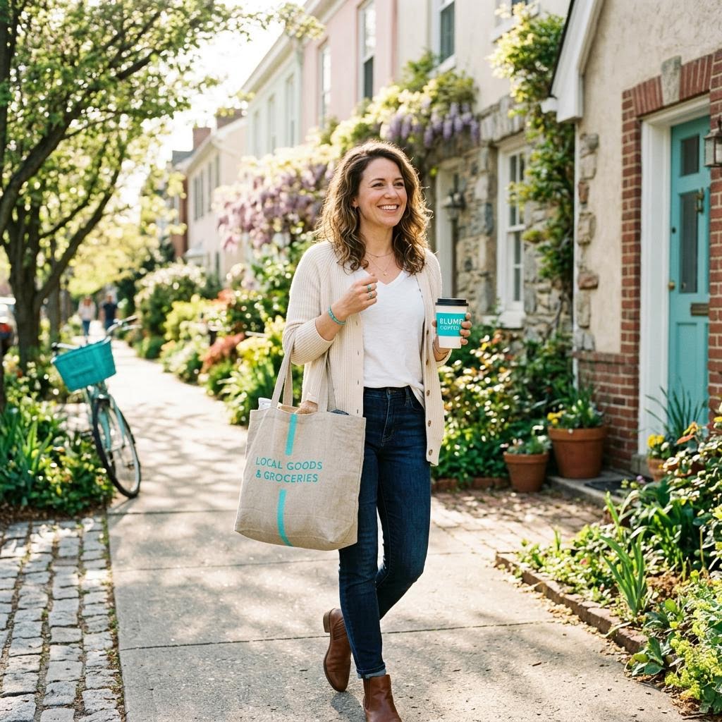 A woman carrying groceries through a sunny neighborhood.