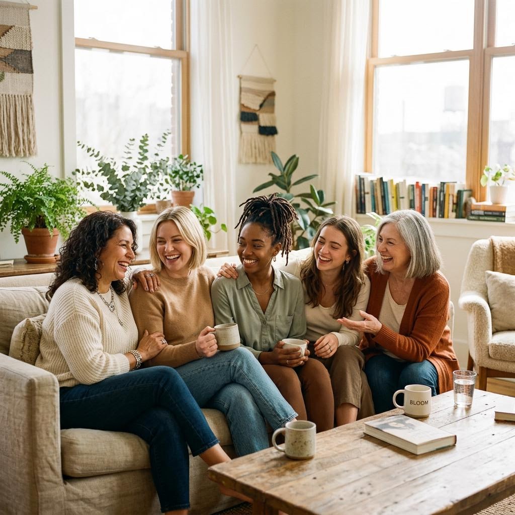 A group of women sitting together in a bright, airy room.