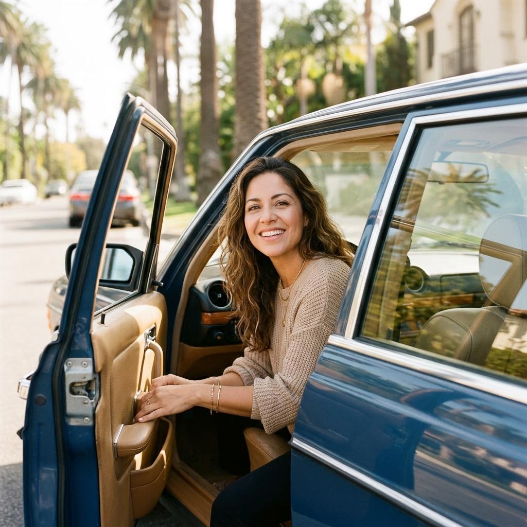A trusted woman opening a car door from the inside.