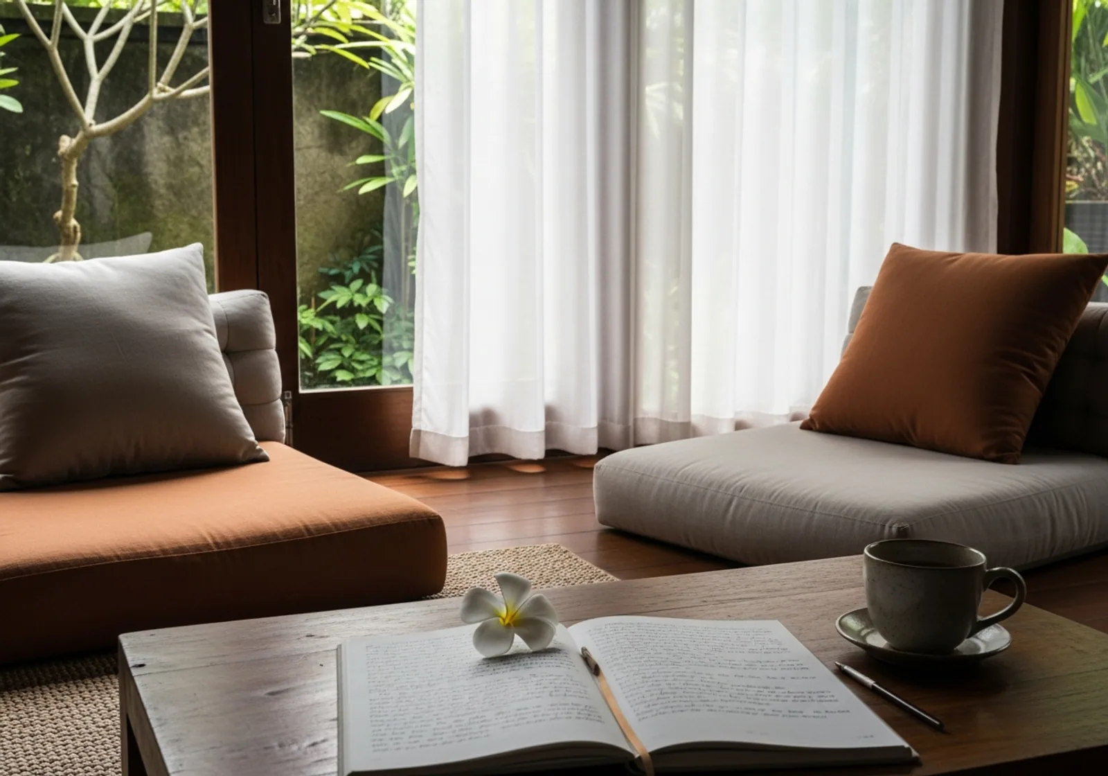 A quiet reading nook with cushioned seating, sheer curtains, a journal, coffee, and a plumeria flower on the table.