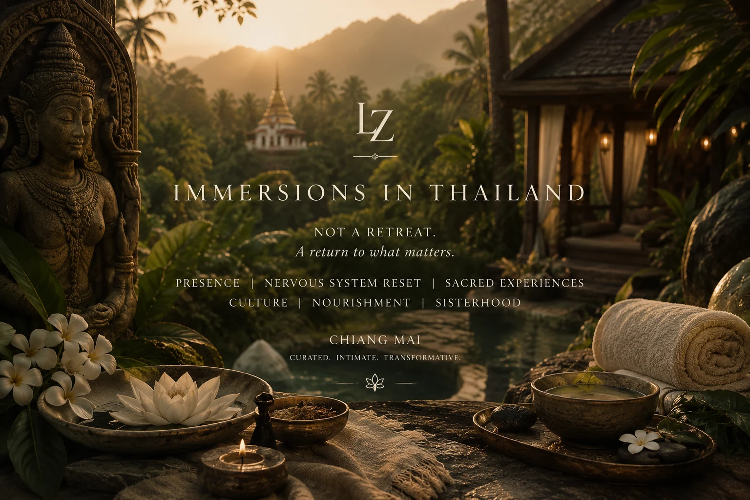Retreat lifestyle scene in Thailand. A temple visit, pool, and folded towels by the water.