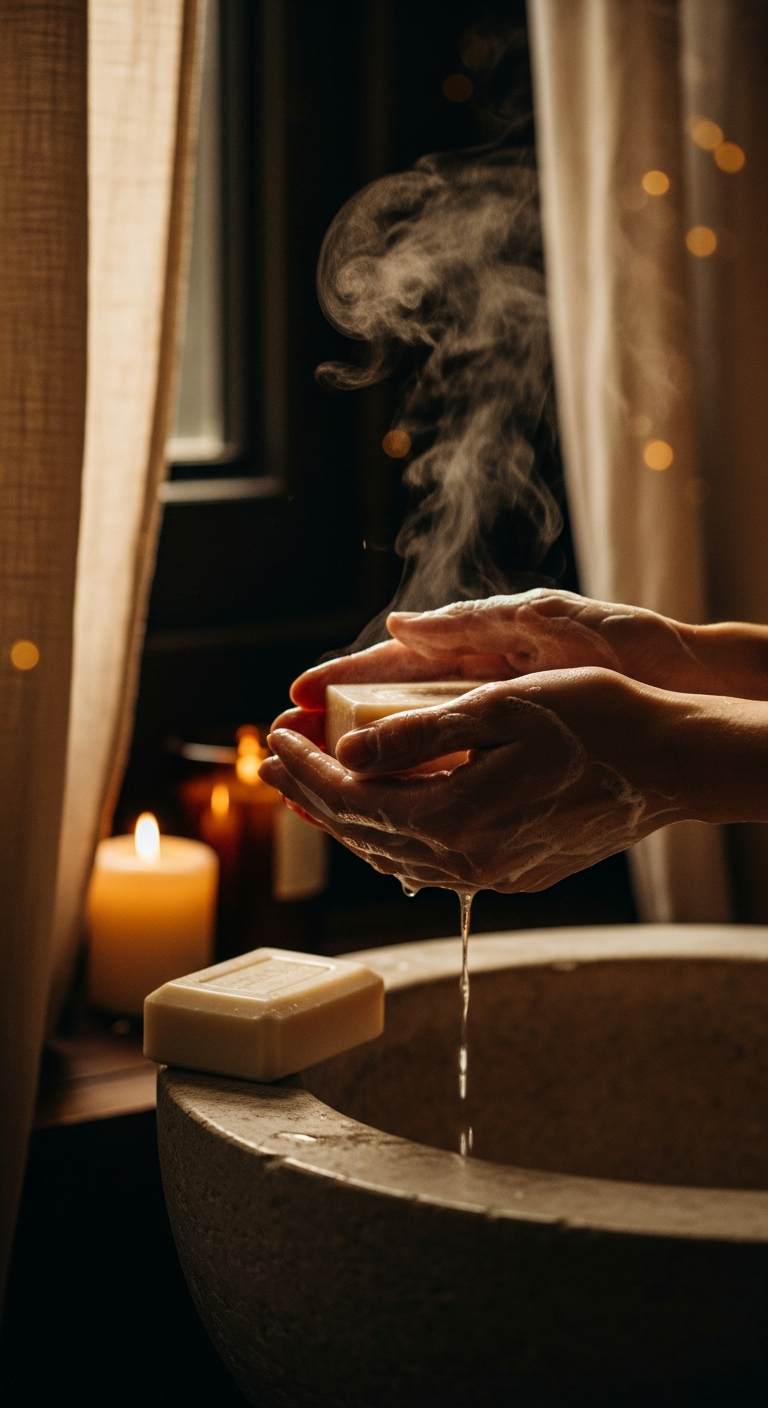 Hands holding handmade soap in the wash room's evening light