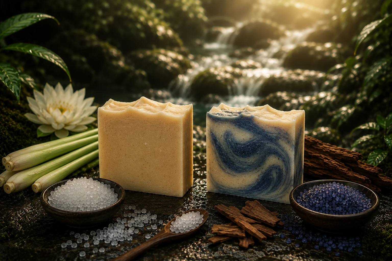 Two handmade soap bars. Cream lemongrass and blue-swirled charcoal, with lemongrass stalks, cinnamon bark, and bath salts, set beside a mossy waterfall